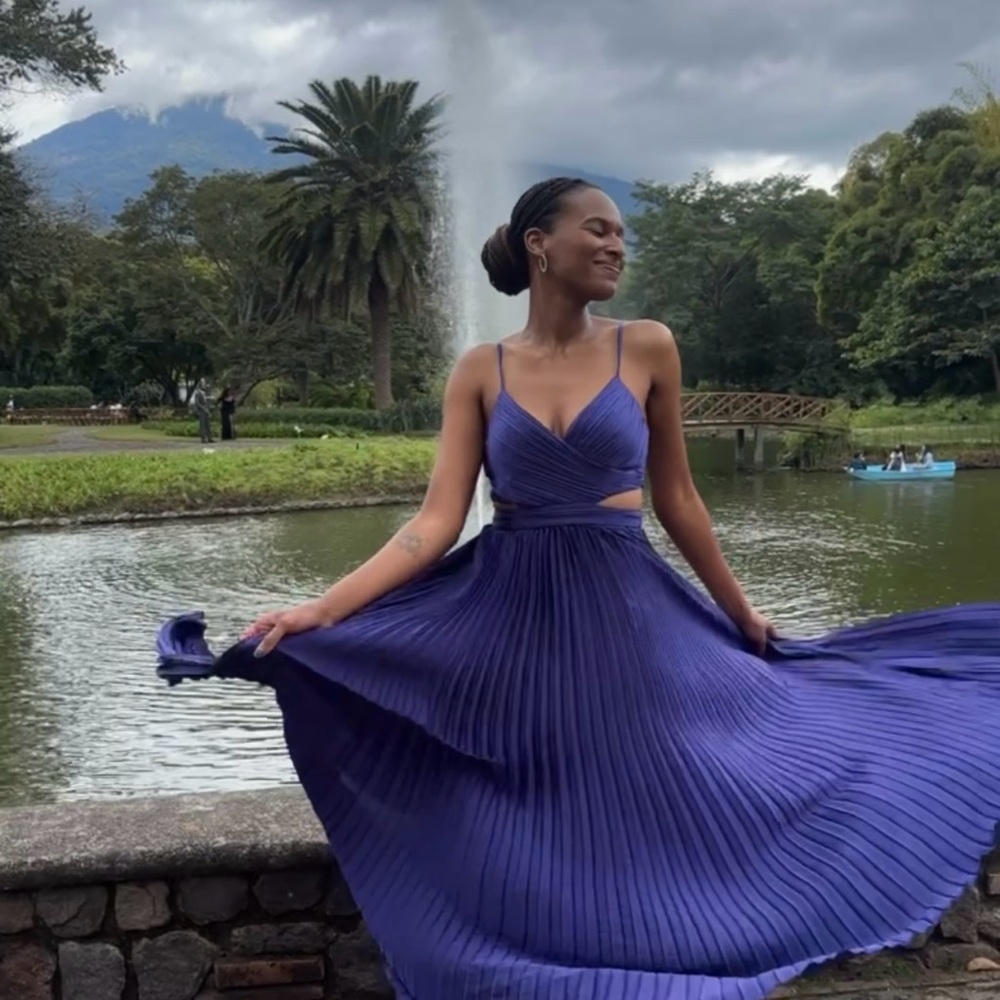 Lulu's “Got the Glam” Navy Blue Pleated Cutout Maxi Dress